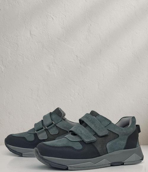 Hakiki Deri Koyu Gri Siyah Çocuk Cırtlı Sneakers Spor Ayakkabı