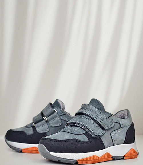 Hakiki Deri Koyu Gri Çocuk Cırtlı Sneakers Spor Ayakkabı