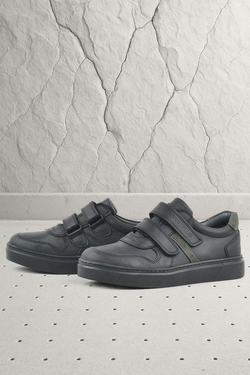 Hakiki Deri Siyah Cırtlı Erkek Çocuk Sneaker Ayakkabı