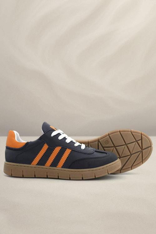 Hakiki Deri Lacivert Turuncu Bağcıklı Fermuarlı Çocuk Sneakers Ayakkabı