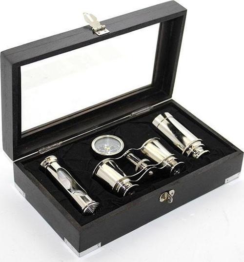 Ahşap Kutulu Pirinç Dürbün Pusula Ve Kum Saati Seti