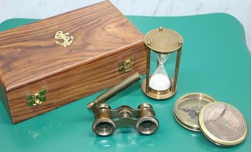 Ahşap Kutulu Pirinç Pusula, Kum Saati, Dürbün Seti