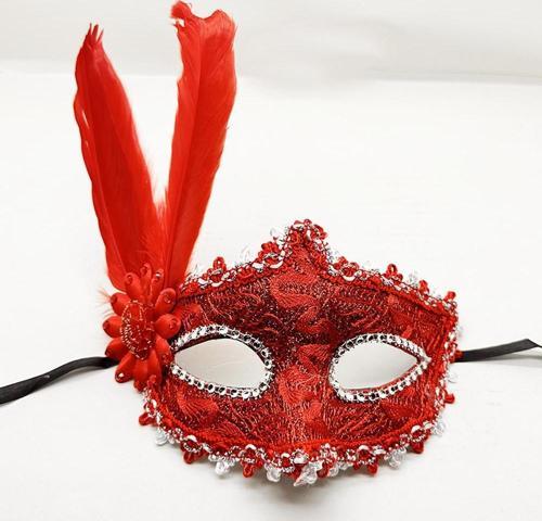 Kırmızı Renk Tüylü Dantelli Gözleri Taşlı Balo Parti Maskesi (4401)
