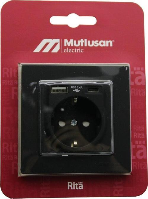 MUTLUSAN RİTA-2220 629 0284 BLİSTERLİ - KARTLI SİYAH - USB + TYPE-C ' Lİ TOPRAKLI PRİZ ÇERÇEVELİ (4401)