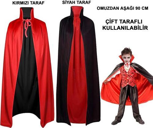 Çift Taraflı Kullanılabilir Siyah Kırmızı Yakalı Pelerin 90 cm Çocuk (4401)