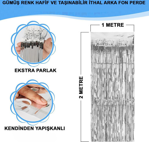 Gümüş Renk Ekstra Metalize Parlak Saçaklı Arka Fon Perde İthal A Kalite 1x2 Metre (4401)