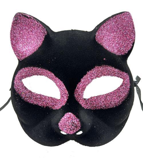 Siyah Renk Pembe Simli Süet Kaplama Kedi Maskesi 18x14 cm (4401)