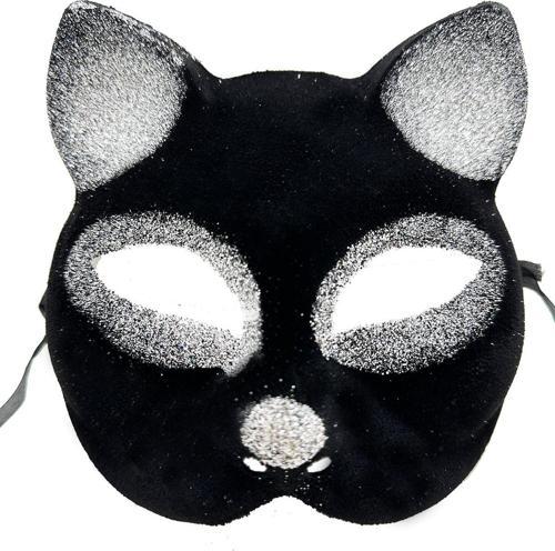 Siyah Renk Gümüş Simli Süet Kaplama Kedi Maskesi 18x14 cm (4401)
