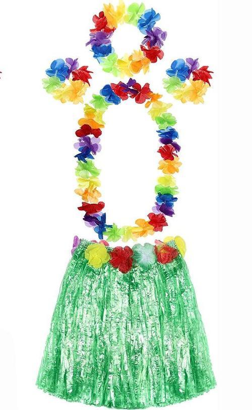 Yetişkin ve Çocuk Uyumlu Luau Aloha Hawaii Yeşil Etek ve Renkli Kolye Taç 2 Adet Bileklik Seti (4401)