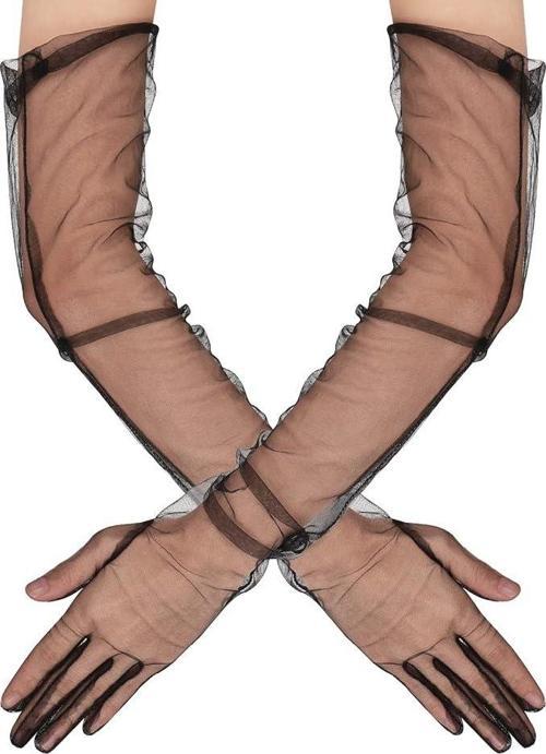 Uzun Boy Likralı Siyah Renk Yetişkin Mega Tül Eldiven 53 cm (4401)