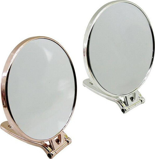 YUVARLAK 6 İNÇ= ÇAP:15CM MAKYAJ AYNASI ÇİFT TARAFLI BRONZ - GÜMÜŞ PLS.ÇERÇEVE KATLANIR AYAKLI (4401)