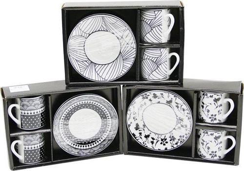 SİYAH - BEYAZ 4PCS=2-TAKIM PORSELEN KAHVE FİNCANI ÇİÇEK - ÇİZGİ - NOKTA MİX DESEN (4401)