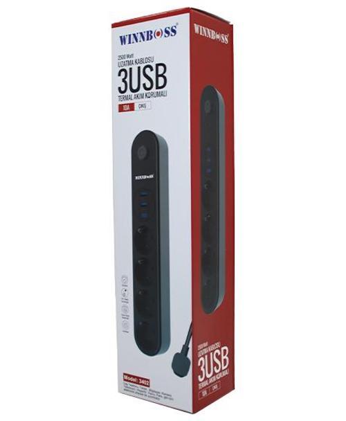 TERMAL AKIM KORUMALI 4LÜ PRİZ 3XUSB 2MT ANAHTARLI UZATMA KABLO SİYAH 10A - 2500W (4401)