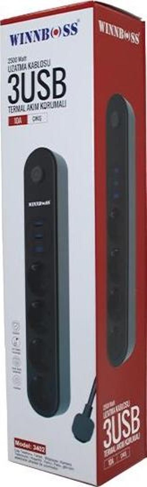 TERMAL AKIM KORUMALI 4LÜ PRİZ 3XUSB 2MT ANAHTARLI UZATMA KABLO SİYAH 10A - 2500W (4401)