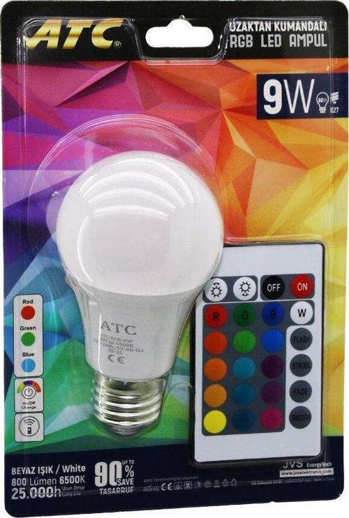 ATC-RGB-9W  KUMANDALI   9W=60W  RGB=16-RENKLİ LED AMPUL E27 800 LÜMEN 6500K 25.000 SAAT ÖMÜR (4401)