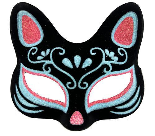Siyah Renk Süet Kaplama Üzeri Mavi Kırmızı Simli Kedi Maskesi 17x14 cm (4401)
