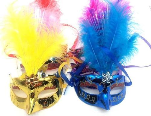Renkli Tüylü Venedik Parti Maskesi Karışık Renk 12 Adet (4401)