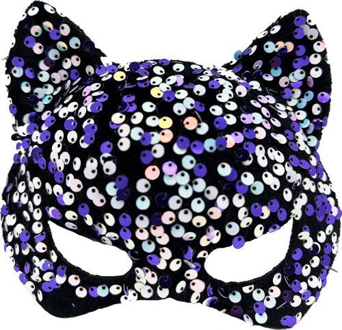 Siyah Kadife Kumaş Üzerine Mor Beyaz Payetli Pullu Parti Maskesi 16x14 cm (4401)