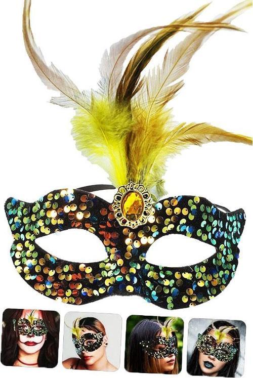 Siyah Kadife Üzeri Rengarenk Payetli Pullu Sarı Tüylü Sarı Taşlı Parti Maskesi 19x21 cm (4401)