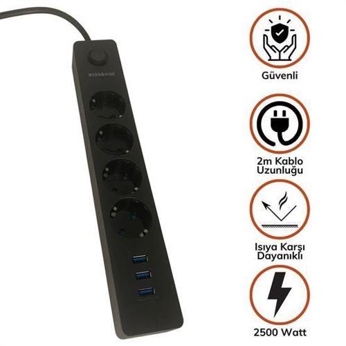 Termak Akım Korumalı 4 Priz 3 USB Girişli Uzatma Kablosu Güç ve Şarj SİYAH RENK GÖNDERİLİR (4401)