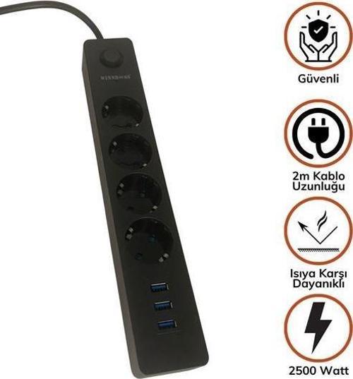 Termak Akım Korumalı 4 Priz 3 USB Girişli Uzatma Kablosu Güç ve Şarj SİYAH RENK GÖNDERİLİR (4401)