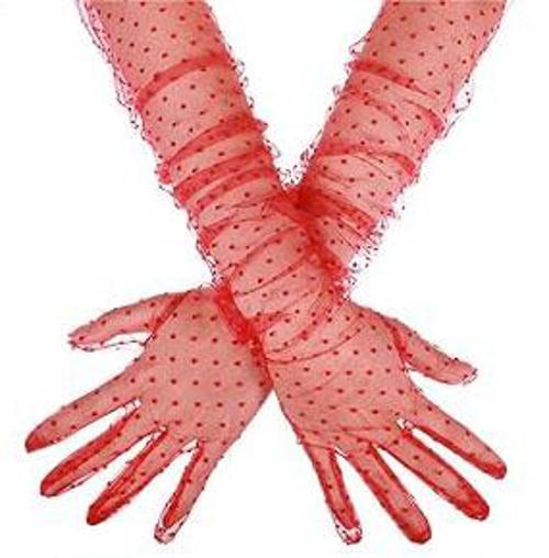 Uzun Boy Kırmızı Puantiyeli Kırmızı Renk Yetişkin Tül Eldiven 55 cm (4401)