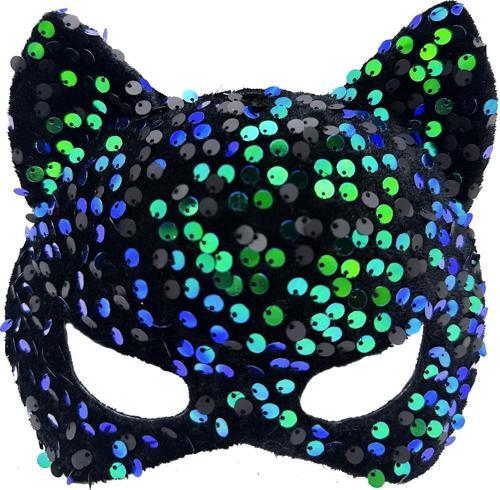 Siyah Kadife Kumaş Üzerine Mavi Yeşil Payetli Pullu Parti Maskesi 16x14 cm (4401)