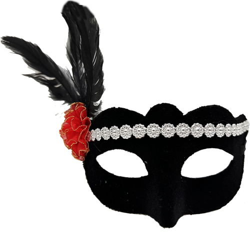 Siyah Renk Süet Kaplama Gümüş Dantelli Kırmızı Gül Tasarımlı Parti Maskesi 18x20 cm (4401)