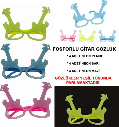 Fosforlu Gitar Model Glow Parti Gözlüğü Karanlıkta Yanan Gözlükler 12 Adet (4401)