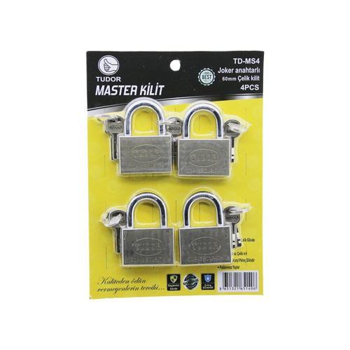 TUDOR TD-MS4 MASTER 4PCS JOKER ANAHTARLI=TEK ANAHTARLA 4 KİLİT AÇ  60MM - GRİ KISA KANCALI ÇELİK ASMA KİLİT (4401)