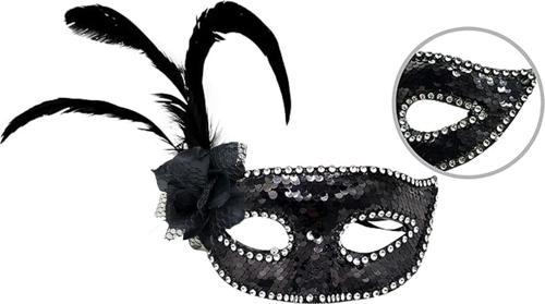 Siyah Renk Yandan Tüylü Güllü Gümüş Taşlı Pullu Maske 20x22 cm (4401)