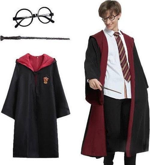 Harry Potter Gryffindor Kapişonlu Çocuk Kostüm + Asa + Gözlük Seti 11-12 Yaş (4401)