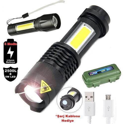  Su Geçirmez Şarjlı El Feneri 2500 Lumens + 5W COB LED USB Lion Şarjlı Ultra Güçlü Q5 XPE (4401)