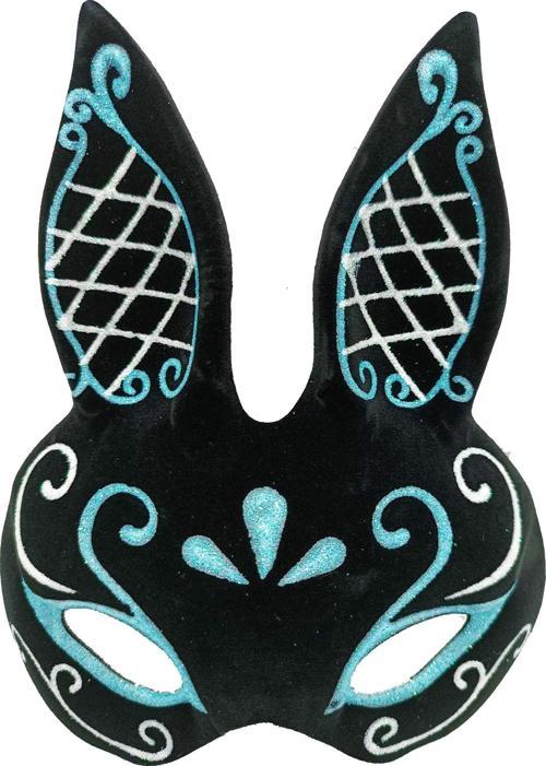 Siyah Renk Mavi Beyaz Simli Siyah Süet Kaplama Tavşan Maskesi 18x16 cm (4401)