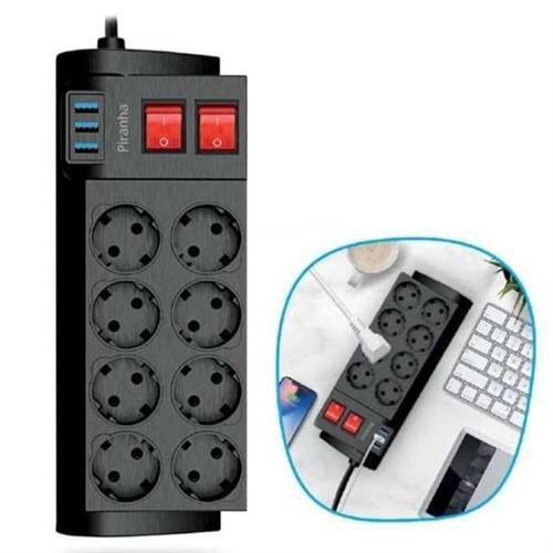 Isıya Dayanıklı Termal Akım Korumalı 2 Metre 16A 4000W 8li Priz ve 3 Usb Li Uzatma Kablosu (4401)
