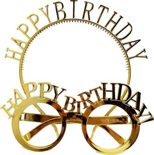 Happy Birthday Yazılı Taç ve Happy Birthday Yazılı Gözlük Seti Altın Renk (4401)