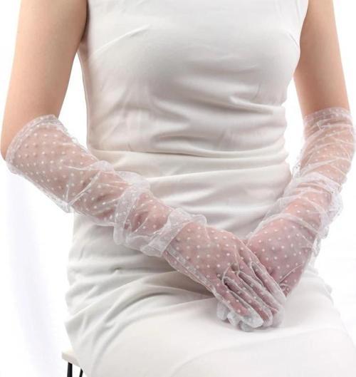 Uzun Boy Beyaz Puantiyeli Beyaz Renk Yetişkin Tül Eldiven 55 cm (4401)