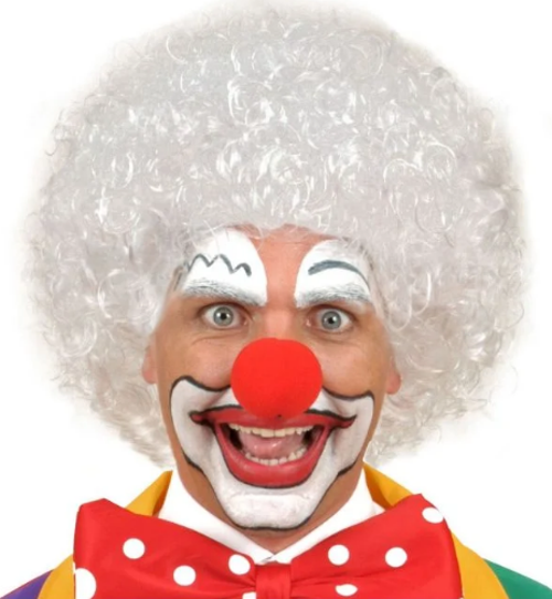 Beyaz Renk Kıvırcık Afro Bonus Peruk Saç ve Kırmızı Sünger Burun Seti (4401)