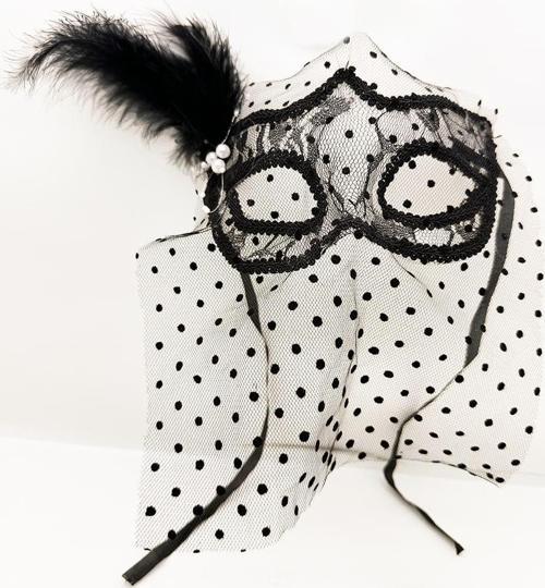 Siyah Renk Siyah Puantiyeli Duvaklı İncili Parti Maskesi (4401)