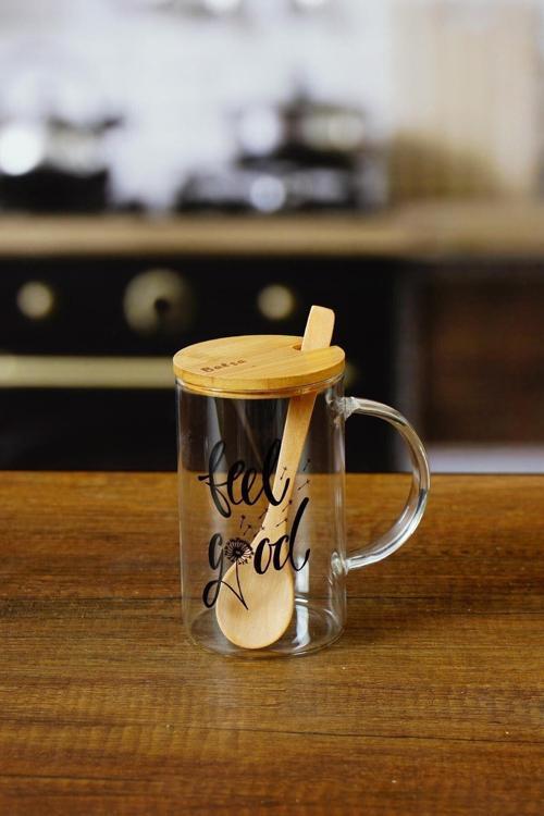 Bambu Kapaklı Ve Kaşıklı Motivasyon Büyük Kupa Bardak Kk-75120