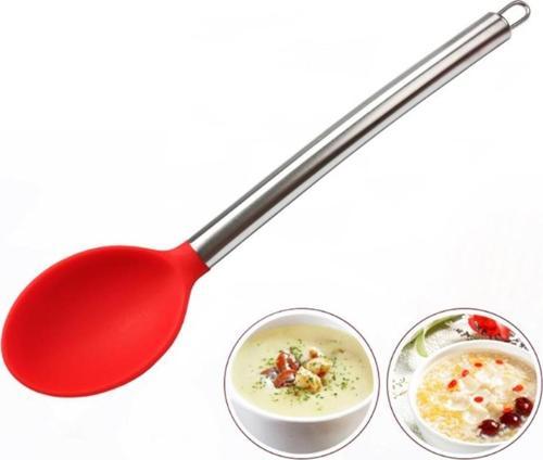 Silikon Kaşık Paslanmaz Saplı Servis Kaşığı Kırmızı 34 Cm