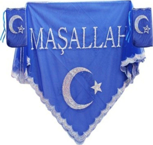 Mavi Sünnet Örtüsü Duvak Kına Alı Gelin Alı Kına Örtüsü Gelin Şalı Eldiven Hediyeli Sünnet Şalı
