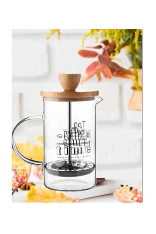 Bambu Kapaklı Borasilikat Cam 600 Ml Desenli French Press /600Ml