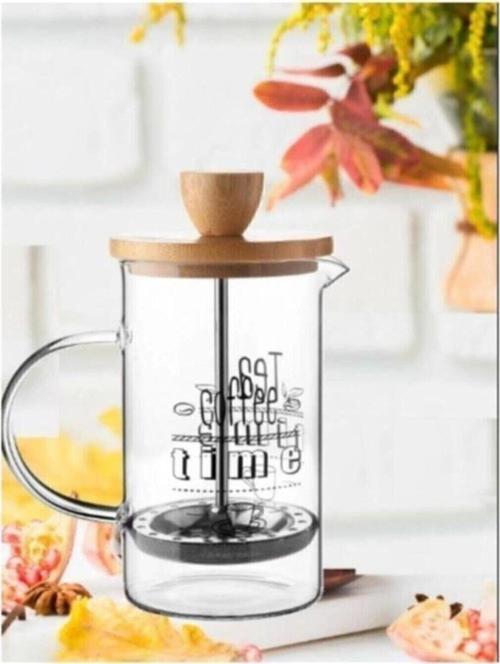 Bambu Kapaklı Borasilikat Cam 600 Ml Desenli French Press /600Ml