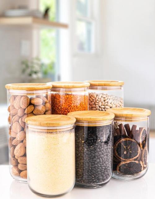 Duo - 6'Lı Cam Saklama Kabı Vakumlu Bambu Kapaklı 3X 1300Ml. 900Ml Erzak Kabı Kavanoz
