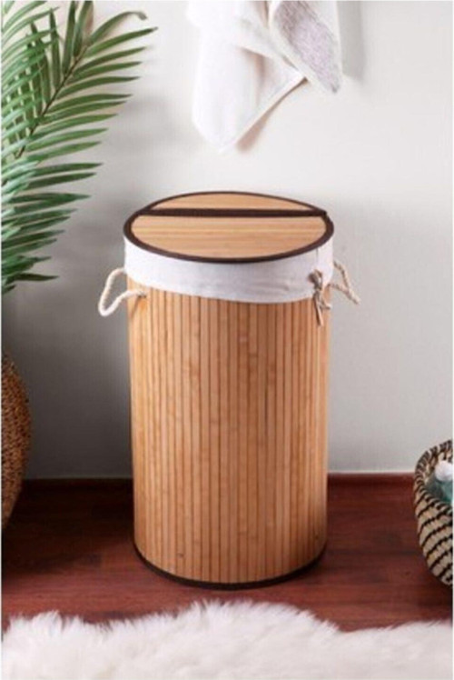 35 X 50 Bambu Katlanır Çamaşır Sepeti-Kirli Sepeti-Yuvarlak-Köşe Sepeti(Krem Rengi) Ahşap 50 L Beya