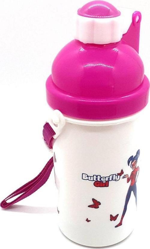 Düğmeli Otomatik Açılma Özellikli Kapaklı Suluk - Matara Kız Çocuk - Pembe Renk Baskılı