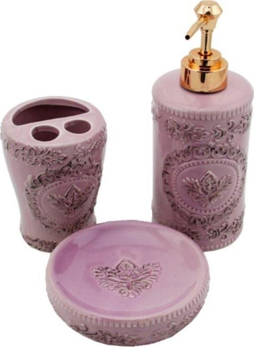 3 Parça Seramik Banyo Seti Silindir Lila