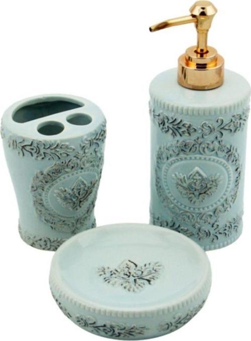 3 Parça Seramik Banyo Seti Silindir Mavi