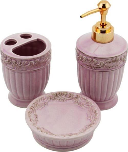 Mor 3 Parça Seramik Banyo Seti Antik Lila 3 Parça Seramik